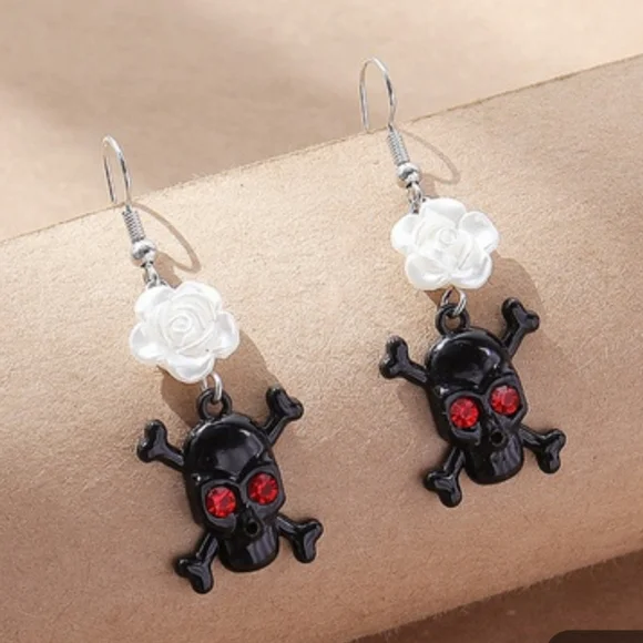 Skull & Crossbone Dangle Drop Earrings With Red Gems/Rinestones For Eyes - Picture 3 of 7